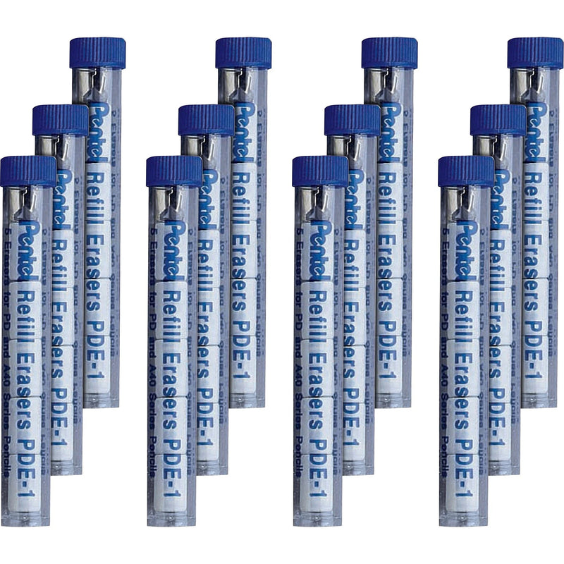 Pentel Mechanical Pencil Eraser Refills - White - Convenient 5/Tube - Pack of 12 - Erasers