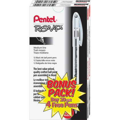Pentel R.S.V.P. Ballpoint Pens - Medium Point Refillable Black Ink - 24 Pack