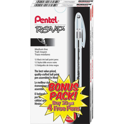 Pentel R.S.V.P. Ballpoint Pens - Medium Point Refillable Black Ink - 24 Pack