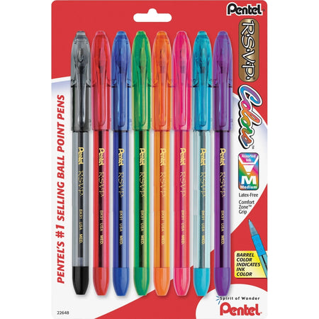 Pentel R.S.V.P. Multi Pack Ballpoint Pens - 1mm Medium Point - Refillable - Assorted Ink - 8