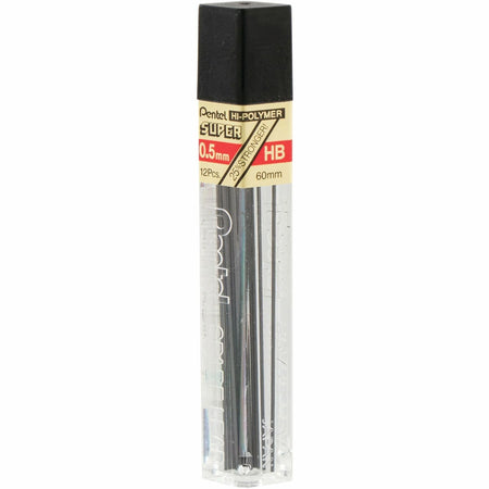 Pentel Super Hi-Polymer 0.5mm Fine Point HB Black Lead - 12 Pack - Refills