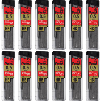 Pentel Super Hi-Polymer 0.5mm Fine Point HB Black Leads - 30/Tube 12/Box - Refills
