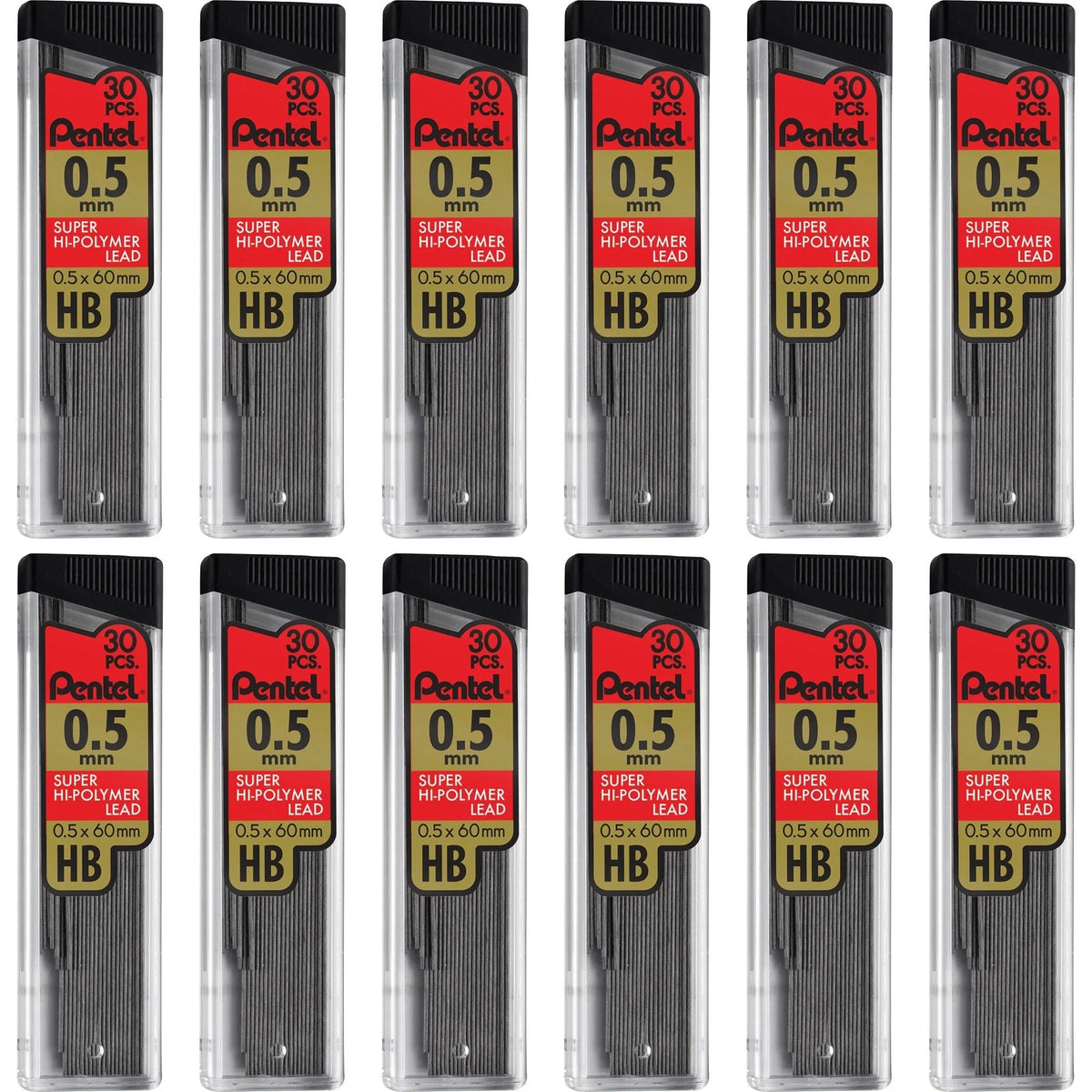 Pentel Super Hi-Polymer 0.5mm Fine Point HB Black Leads - 30/Tube 12/Box - Refills