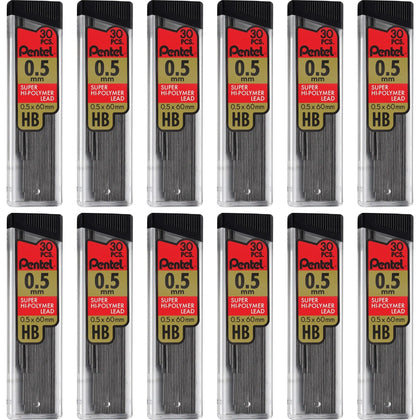 Pentel Super Hi-Polymer 0.5mm Fine Point HB Black Leads - 30/Tube 12/Box - Refills