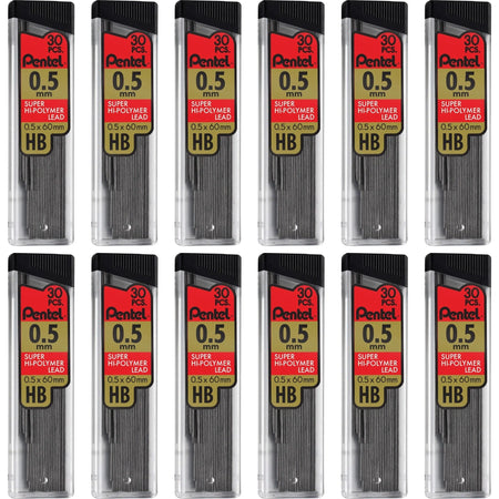 Pentel Super Hi-Polymer 0.5mm Fine Point HB Black Leads - 30/Tube 12/Box - Refills