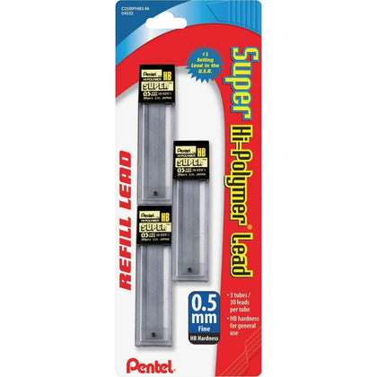 Pentel Super Hi-Polymer 0.5mm HB Graphite Leads - 30/Tube 3/Pack - Refills