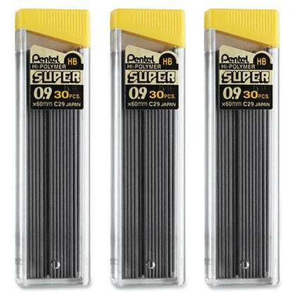 Pentel Super Hi-Polymer 0.9mm Lead Refill - Bold Point HB Black - 30/Tube 3/Pack - Refills
