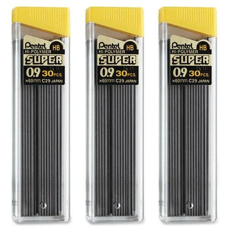 Pentel Super Hi-Polymer 0.9mm Lead Refill - Bold Point HB Black - 30/Tube 3/Pack - Refills