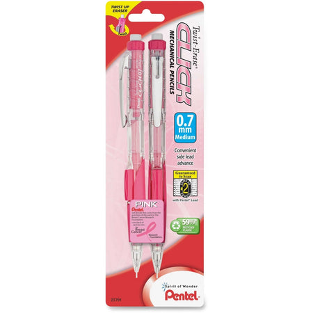 Pentel Twist Erase Pink Click Mechanical Pencils - Refillable 0.7mm Lead - Barrel