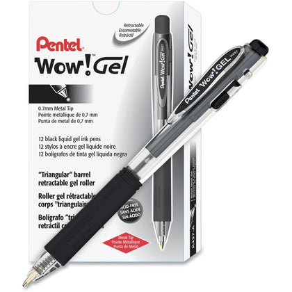 Pentel Wow! Gel Pens - 0.7mm Medium Point - Retractable - Black Ink - 1 Dozen