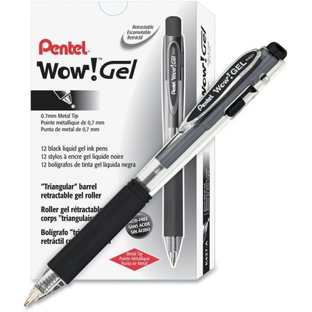 Pentel Wow! Gel Pens - 0.7mm Medium Point - Retractable - Black Ink - 1 Dozen
