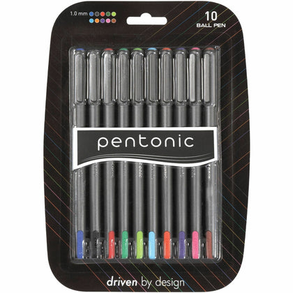 Pentonic Ballpoint Pen Set: 1mm Assorted Ink Nickel Silver Tip - 10 Pack - Pens