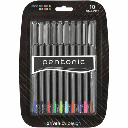 Pentonic Ballpoint Pen Set: 1mm Assorted Ink Nickel Silver Tip - 10 Pack - Pens