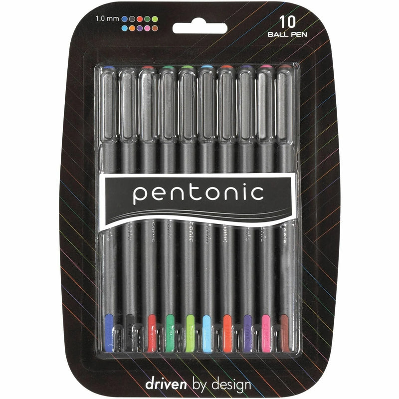Pentonic Ballpoint Pen Set: 1mm Assorted Ink Nickel Silver Tip - 10 Pack - Pens