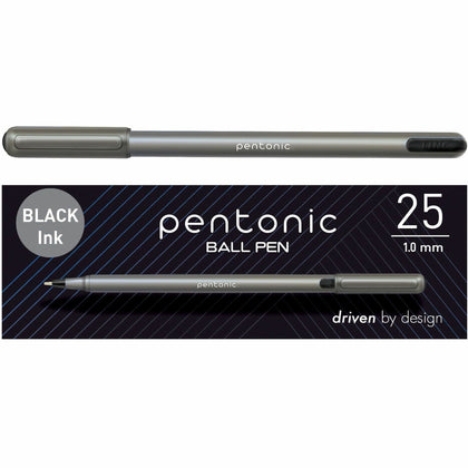 Pentonic Ballpoint Pen Set: 1mm Black Ink Nickel Silver Tip - 25/Box - Pens
