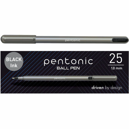 Pentonic Ballpoint Pen Set: 1mm Black Ink Nickel Silver Tip - 25/Box - Pens