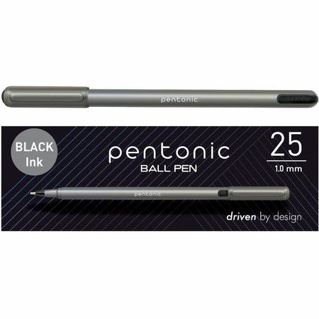Pentonic Ballpoint Pen Set: 1mm Black Ink Nickel Silver Tip - 25/Box - Pens