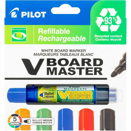 Pilot BeGreen VBoard Master Bullet Marker - Medium Point - Refillable - 5 Pack - Markers & Dry-Erase