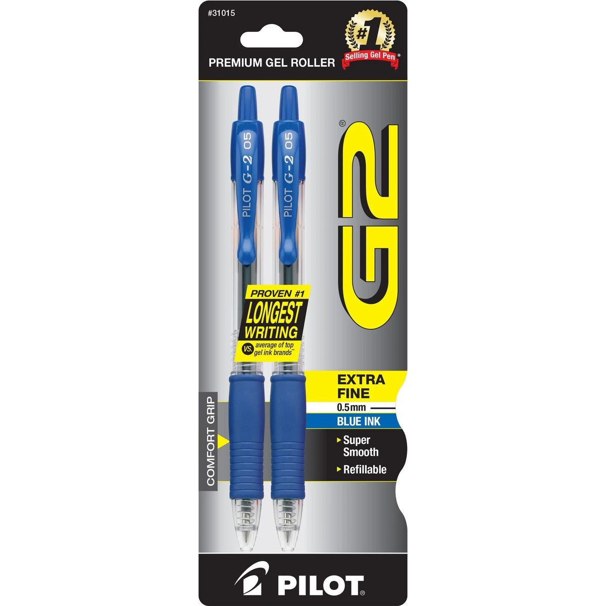 Pilot G2 Gel Rollerball Pens - 0.5mm Fine Point - Blue Ink - Refillable - 2 Pack