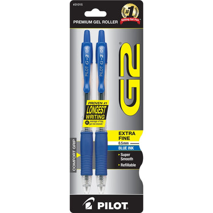 Pilot G2 Gel Rollerball Pens - 0.5mm Fine Point - Blue Ink - Refillable - 2 Pack