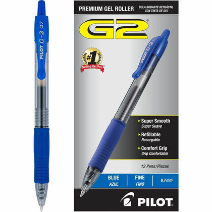 Pilot G2 Gel Rollerball Pens - 0.7mm Fine Point - Blue Ink - Refillable - 1 Dozen