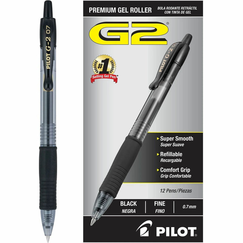 Pilot G2 Gel Rollerball Pens - 0.7mm Fine Point - Refillable - Black Ink - Clear Barrel