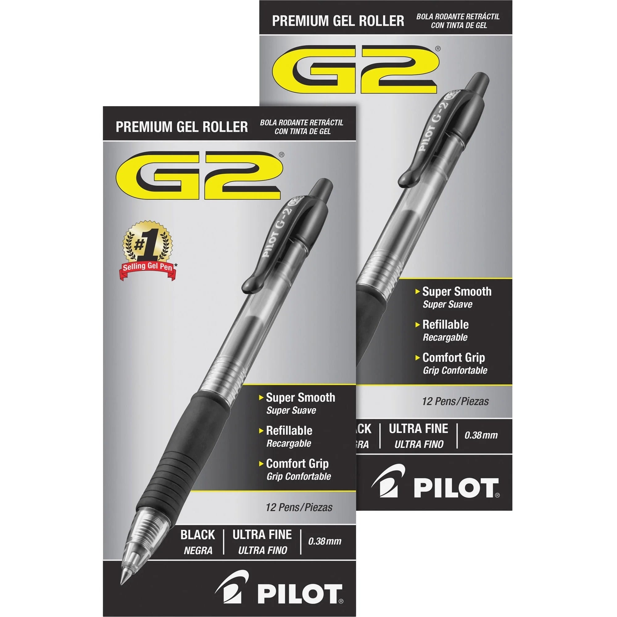 Pilot G2 Premium Gel Pens - 0.38mm Ultra Fine Point - Refillable - Black Ink - Bundle of 2
