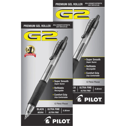 Pilot G2 Premium Gel Pens - 0.38mm Ultra Fine Point - Refillable - Black Ink - Bundle of 2