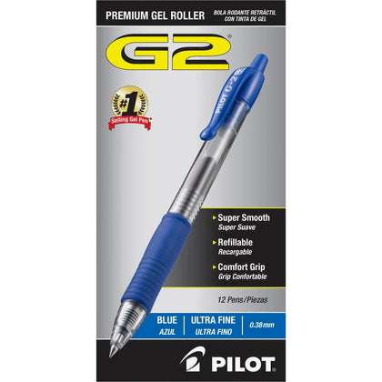 Pilot G2 Premium Gel Roller Pens - 0.38mm Ultra Fine Point - Blue Ink - Refillable & Retractable