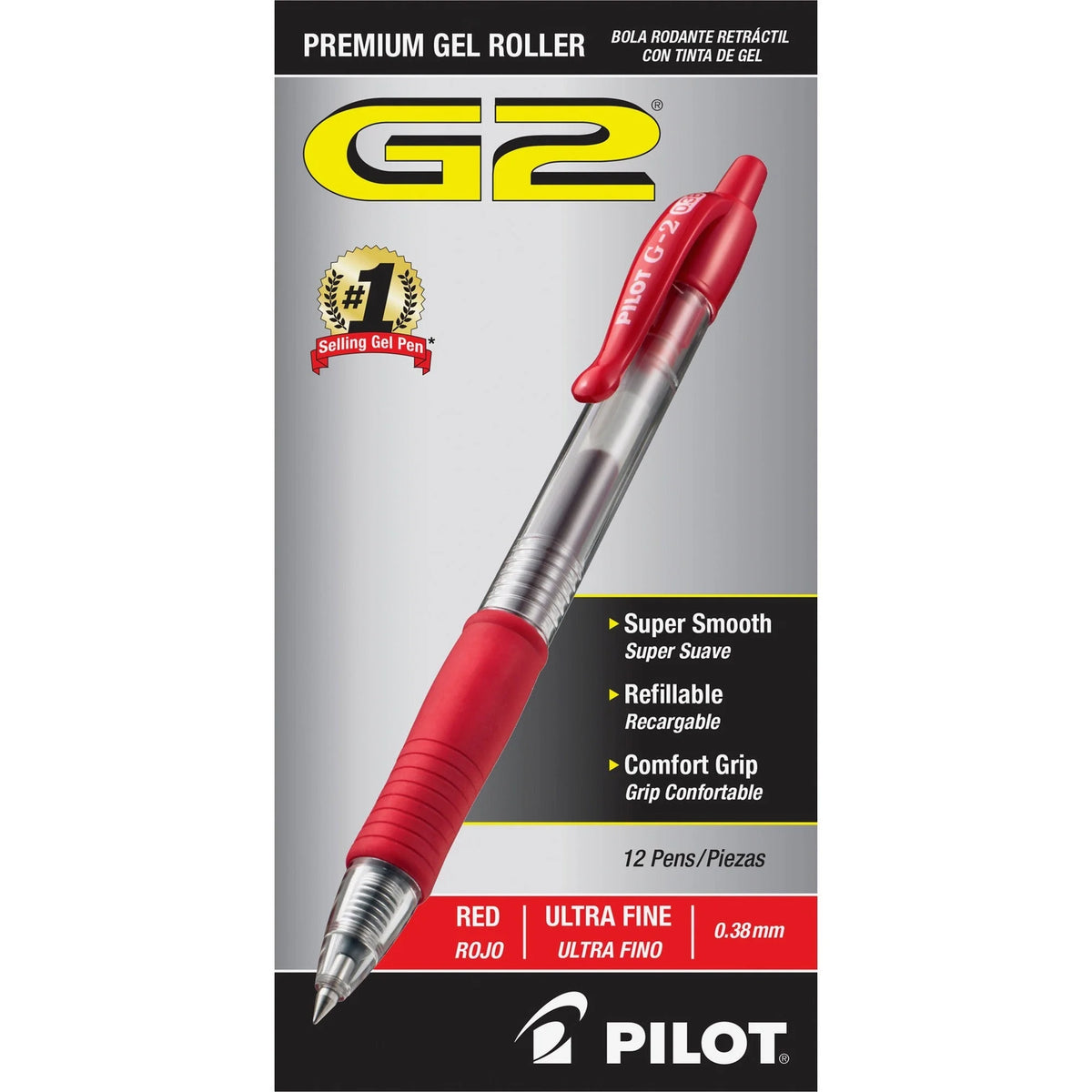 Pilot G2 Premium Gel Roller Pens - 0.38mm Ultra Fine Point - Red Ink - Refillable - 1 Dozen