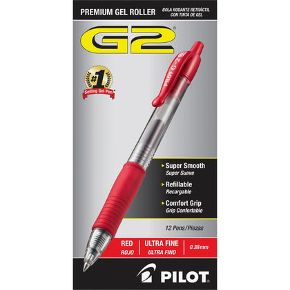 Pilot G2 Premium Gel Roller Pens - 0.38mm Ultra Fine Point - Red Ink - Refillable - 1 Dozen