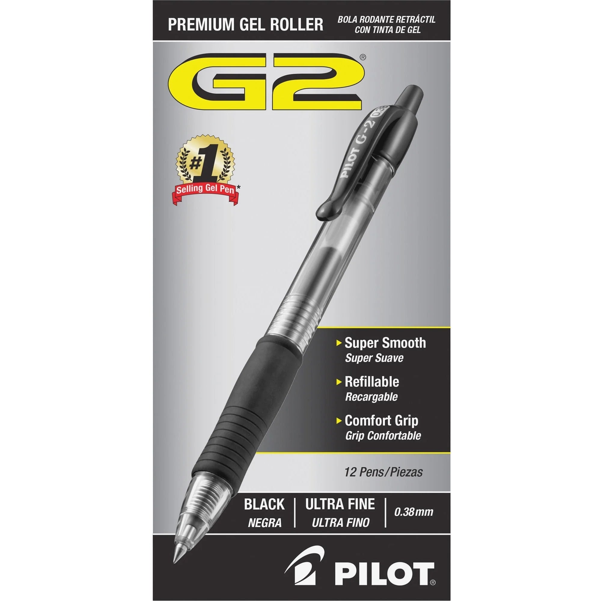 Pilot G2 Premium Gel Roller Pens - 0.38mm Ultra Fine Point - Refillable & Retractable - Black Ink - Clear Barrel
