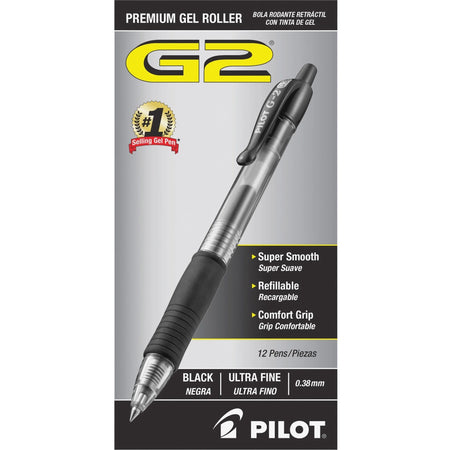 Pilot G2 Premium Gel Roller Pens - 0.38mm Ultra Fine Point - Refillable & Retractable - Black Ink - Clear Barrel
