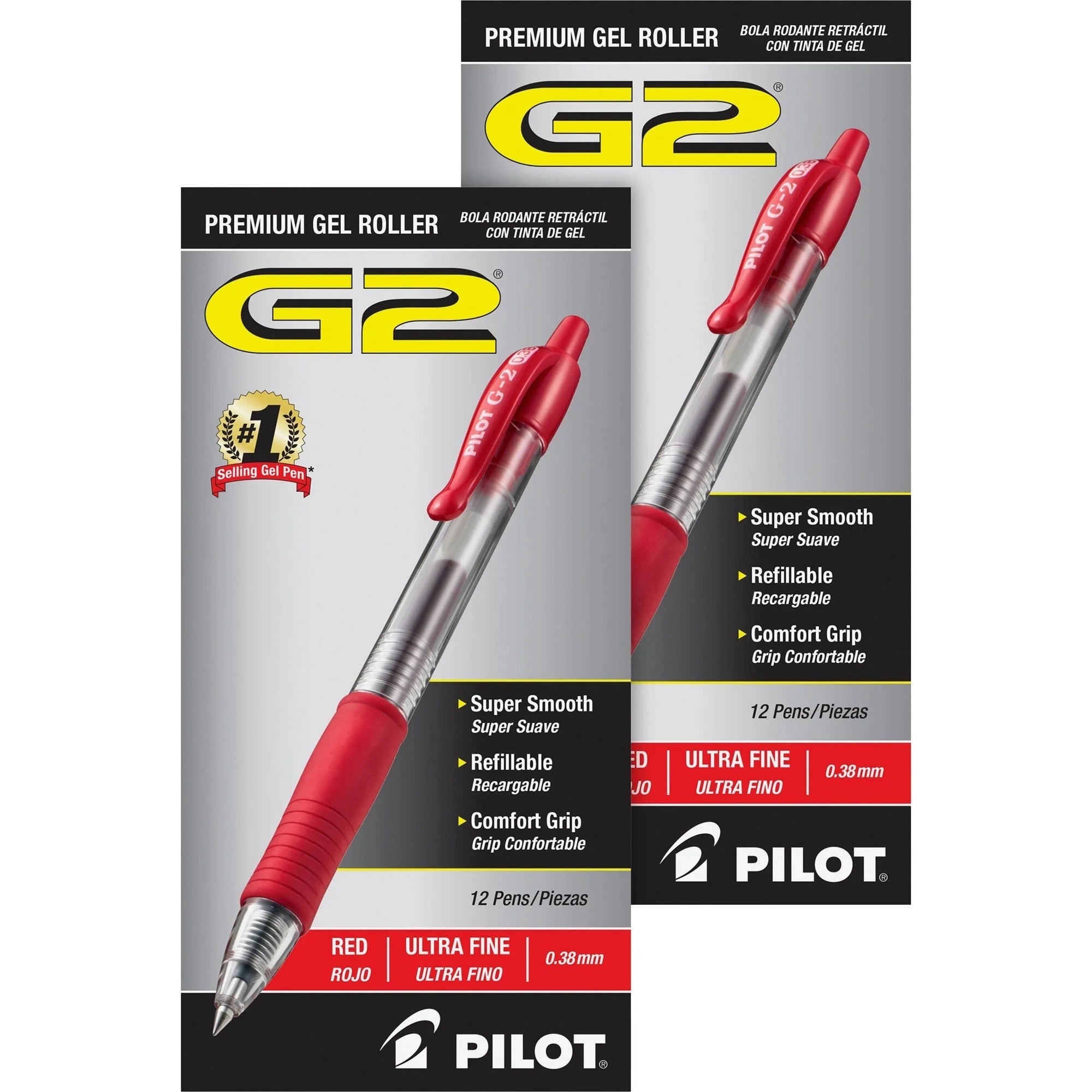 Pilot G2 Premium Gel Roller Pens - 0.38mm Ultra Fine Red Ink - Refillable & Retractable