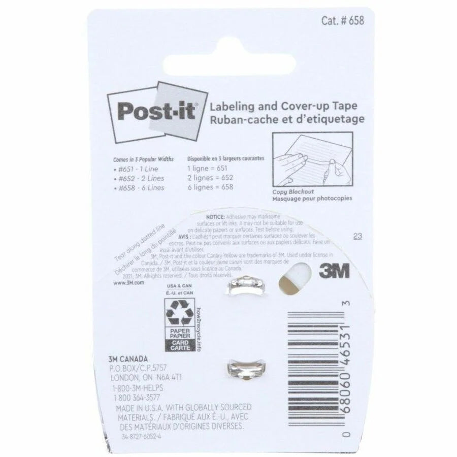 Post-it Labeling & Cover-up Tape: 1’’ x 58.33 ft - White Removable - 1 Roll - Correction Supplies