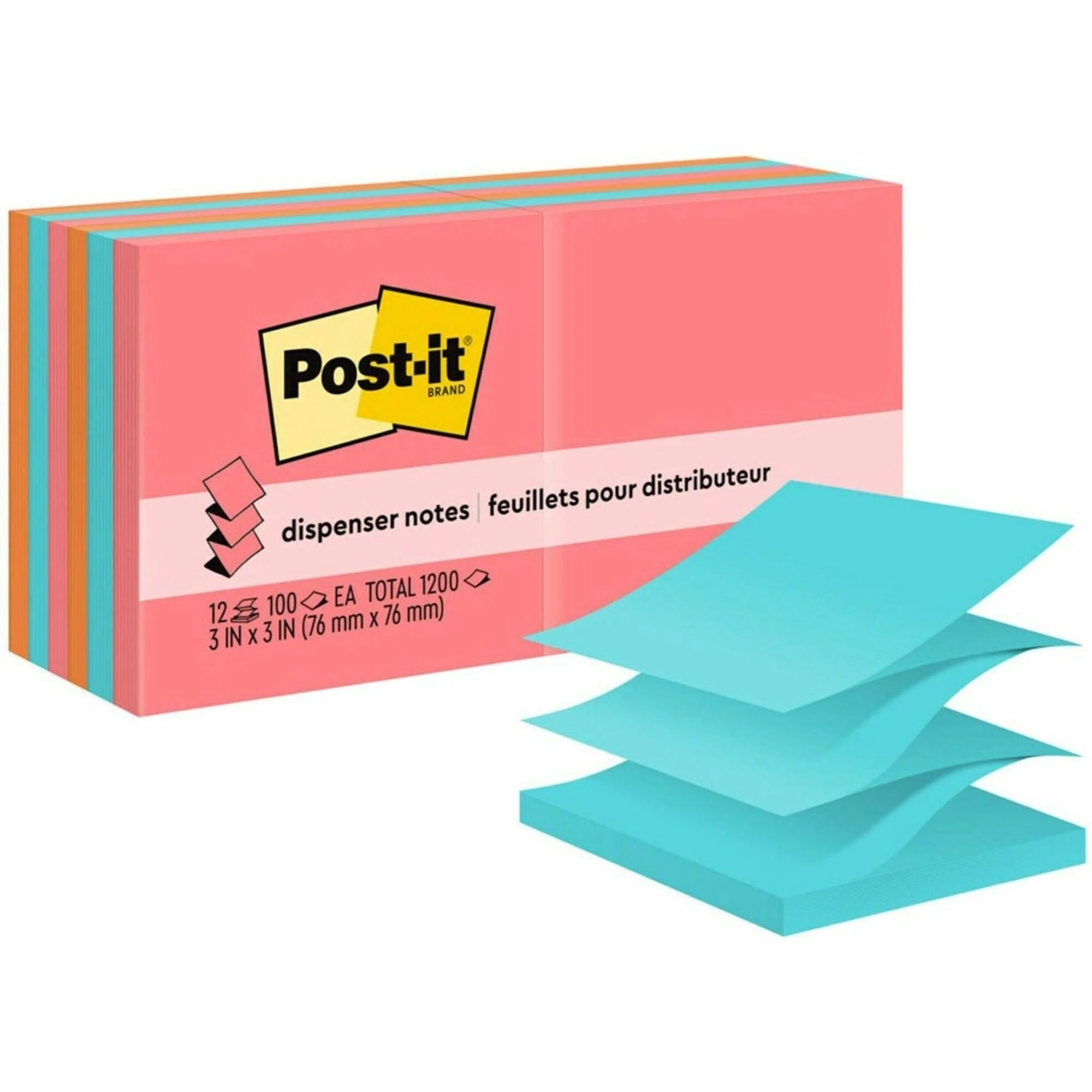 Post-it® Dispenser Notes: 3x3 Square Flags 100 Sheets Guava Aqua Splash Vital Orange - 12 Pack - Adhesive Notes &
