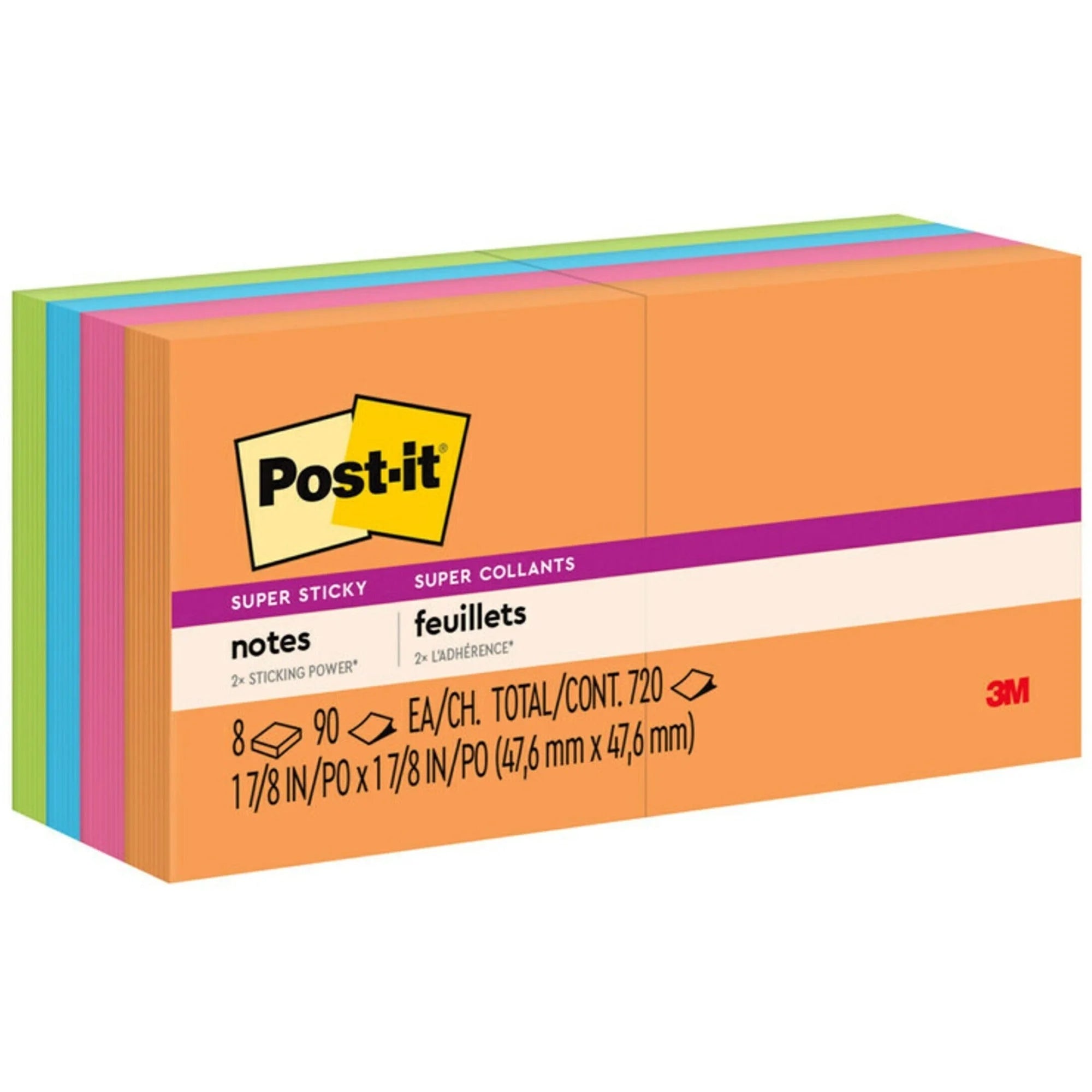 Post-it® Energy Boost Color Collection Super Sticky Notes - 2’’ Square 90 Sheets - Vital Orange Tropical Pink Limeade