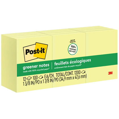Post-it® Greener Notes: 1 1/2’’ x 2’’ Yellow Flags - Recycled - 12 Pack - Adhesive Notes & Dispensers