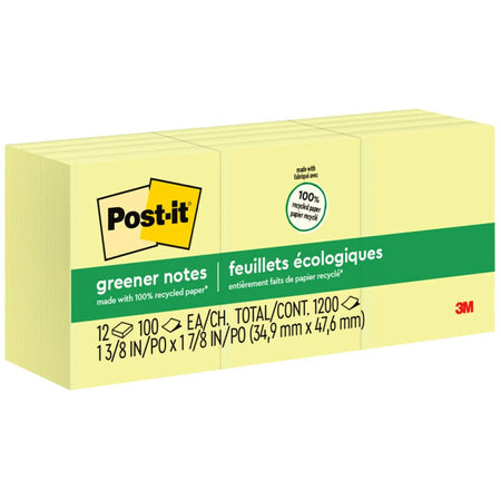 Post-it® Greener Notes: 1 1/2’’ x 2’’ Yellow Flags - Recycled - 12 Pack - Adhesive Notes & Dispensers
