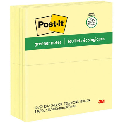 Post-it® Greener Notes: 3x5 Rectangle Flags Canary Yellow Recycled - 12 Pack - Adhesive Notes & Dispensers