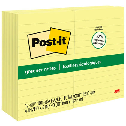 Post-it® Greener Notes: 4x6 Rectangle Ruled Canary Yellow - 12/Pack - Adhesive Notes & Dispensers