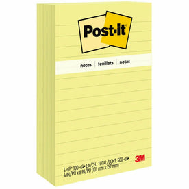 Post-it® Lined Notes: 4x6 Yellow Pads - 100 Sheets - 5 Pack - Adhesive Notes & Dispensers