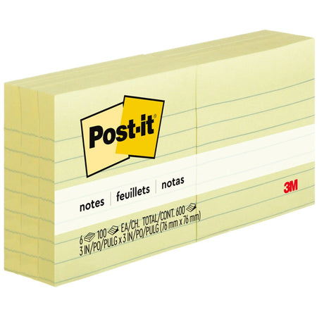 Post-it® Lined Notes: Canary Yellow 3x3 Square Ruled - 6 Pack - Adhesive Notes & Dispensers
