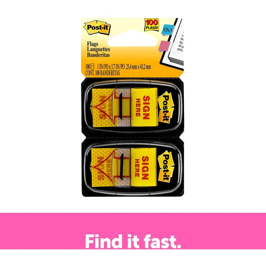 Post-it® Message Flags: 100 Yellow Flags 1’’ x 1 3/4’’ Arrow & Rectangle Unruled - SIGN HERE - Indexing