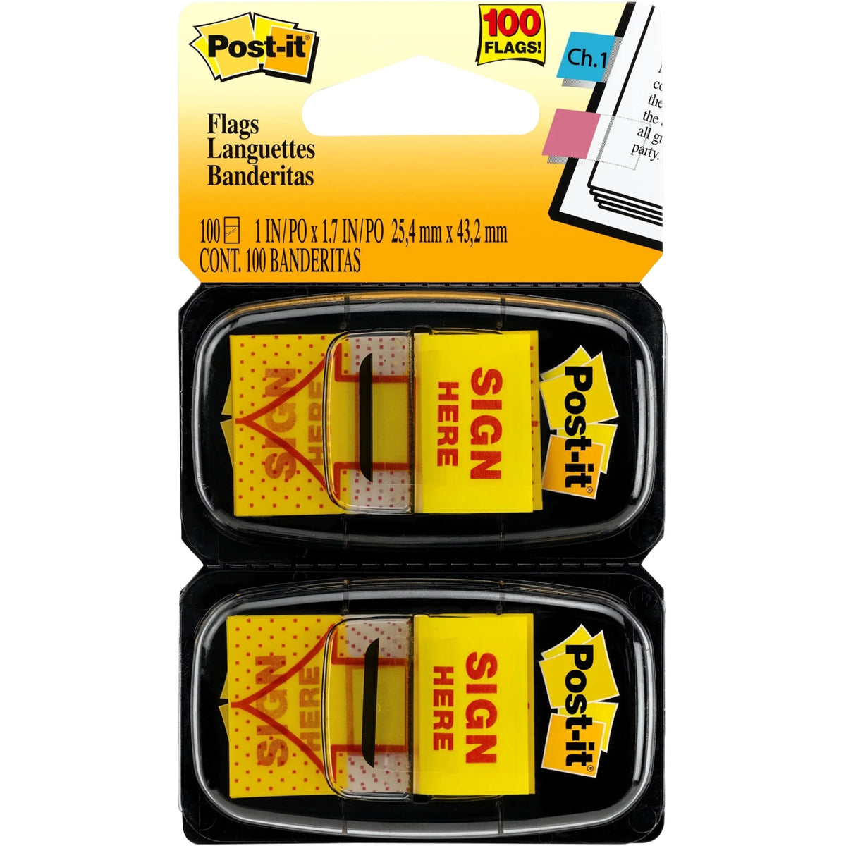 Post-it® Message Flags: 100 Yellow Flags 1’’ x 1 3/4’’ Arrow & Rectangle Unruled - SIGN HERE - Indexing