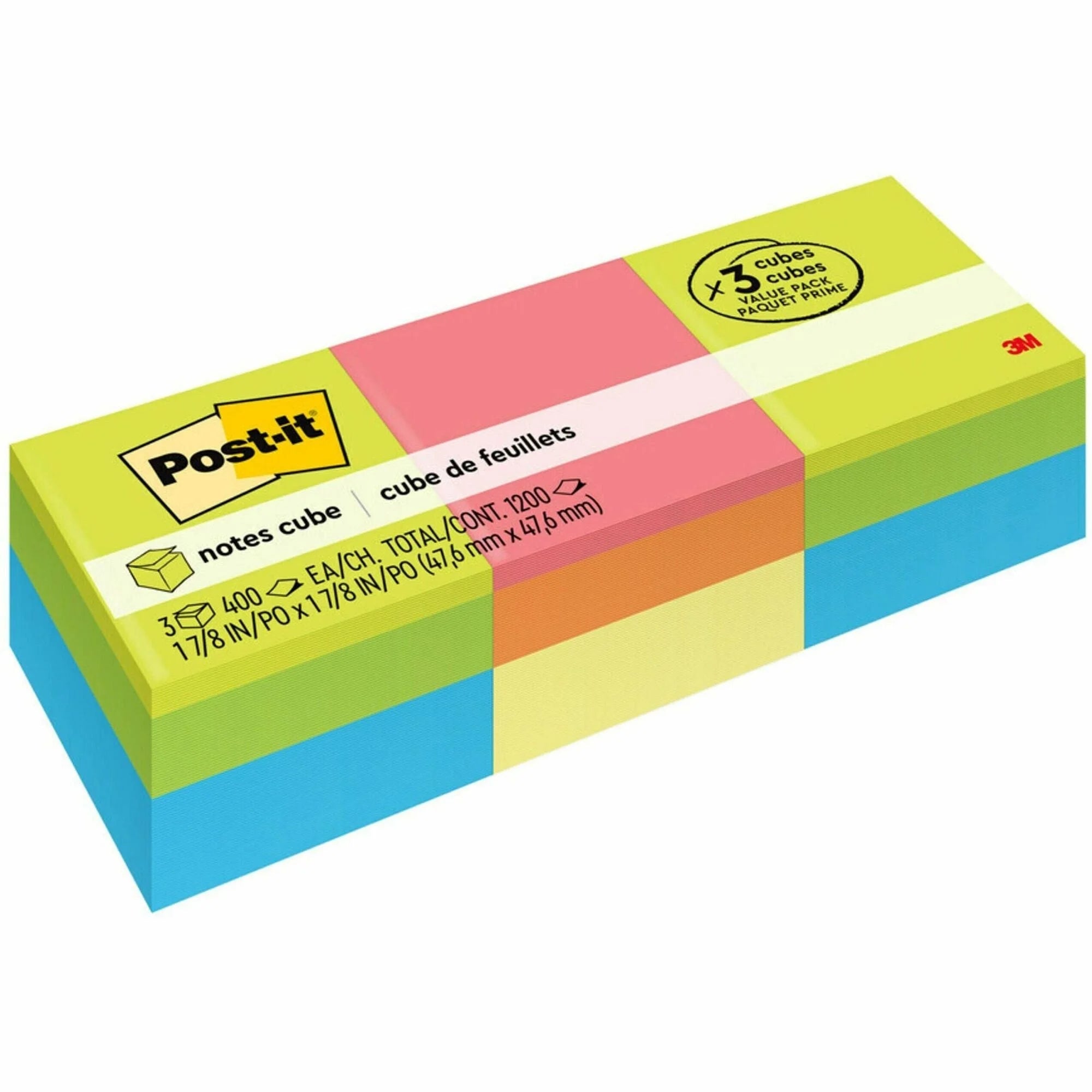 Post-it® Notes Cube: 2’’ Square Flags 400 Sheets - Assorted Colors - Repositionable - 3/Pack - Adhesive & Dispensers