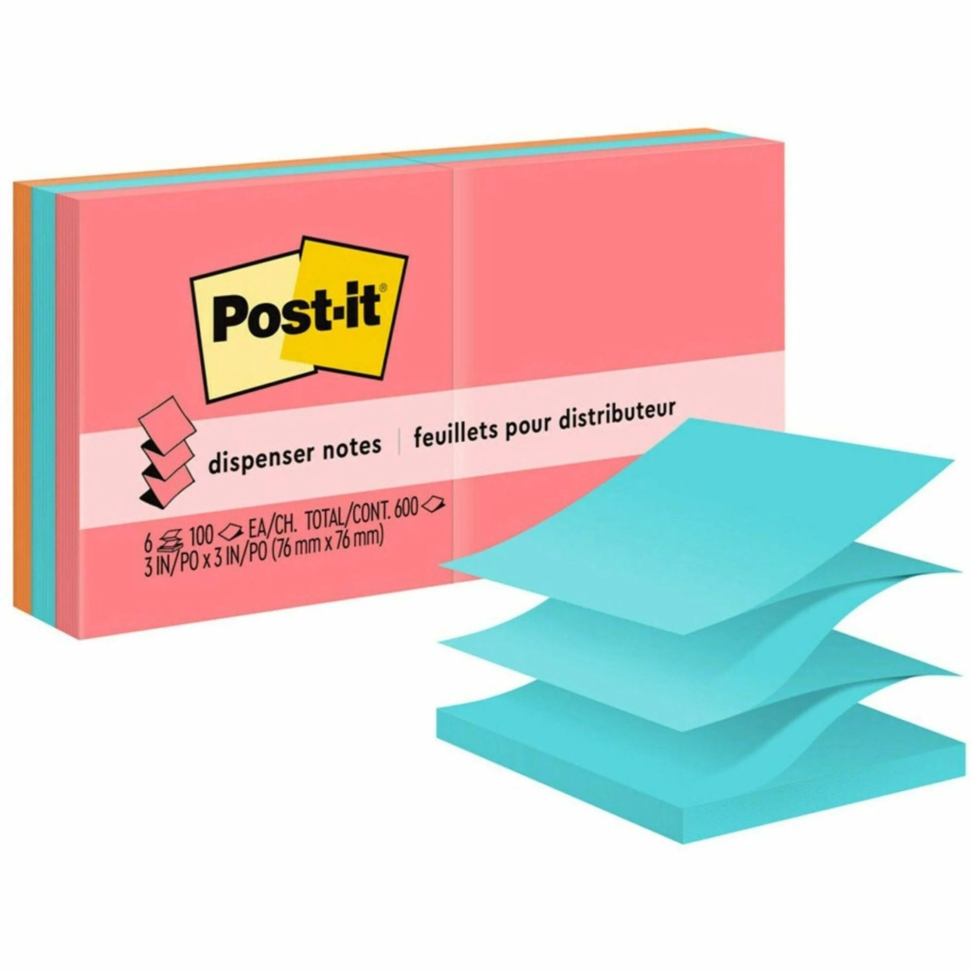 Post-it® Pop-up Adhesive Notes - 3’’ Square Flags - 100 Sheets - Assorted Colors - 6 Pack - & Dispensers