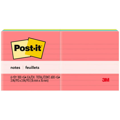 Post-it® Poptimistic Color Collection Lined Notes - 3x3 Square Ruled - 6 Pack - Adhesive & Dispensers