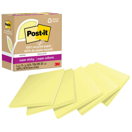 Post-it® Recycled Super Sticky Notes: 3x3 Square Canary Yellow - 70 Sheets - 5/Pack - Adhesive Notes & Dispensers