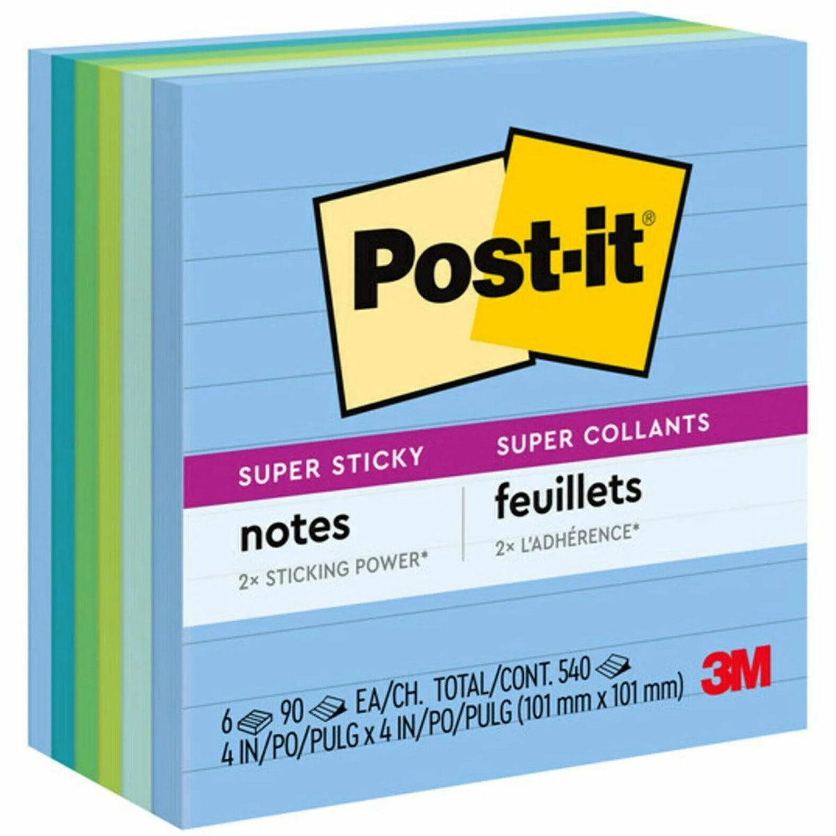 Post-it® Super Sticky Lined Notes - Oasis Color Collection - 540 Sheets - Ruled Square Pads - Board & Easel Accessories